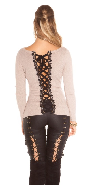sweater with lacing & embroidery Cappuccino